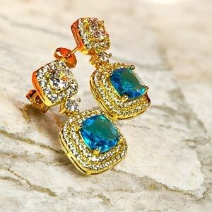 Gold and blue topaz evening earrings -dress up/classy